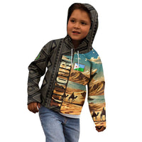 Djibouti Desert Landscape Tadjoura Kid Hoodie with Camel Riders and Tribal Pattern Design