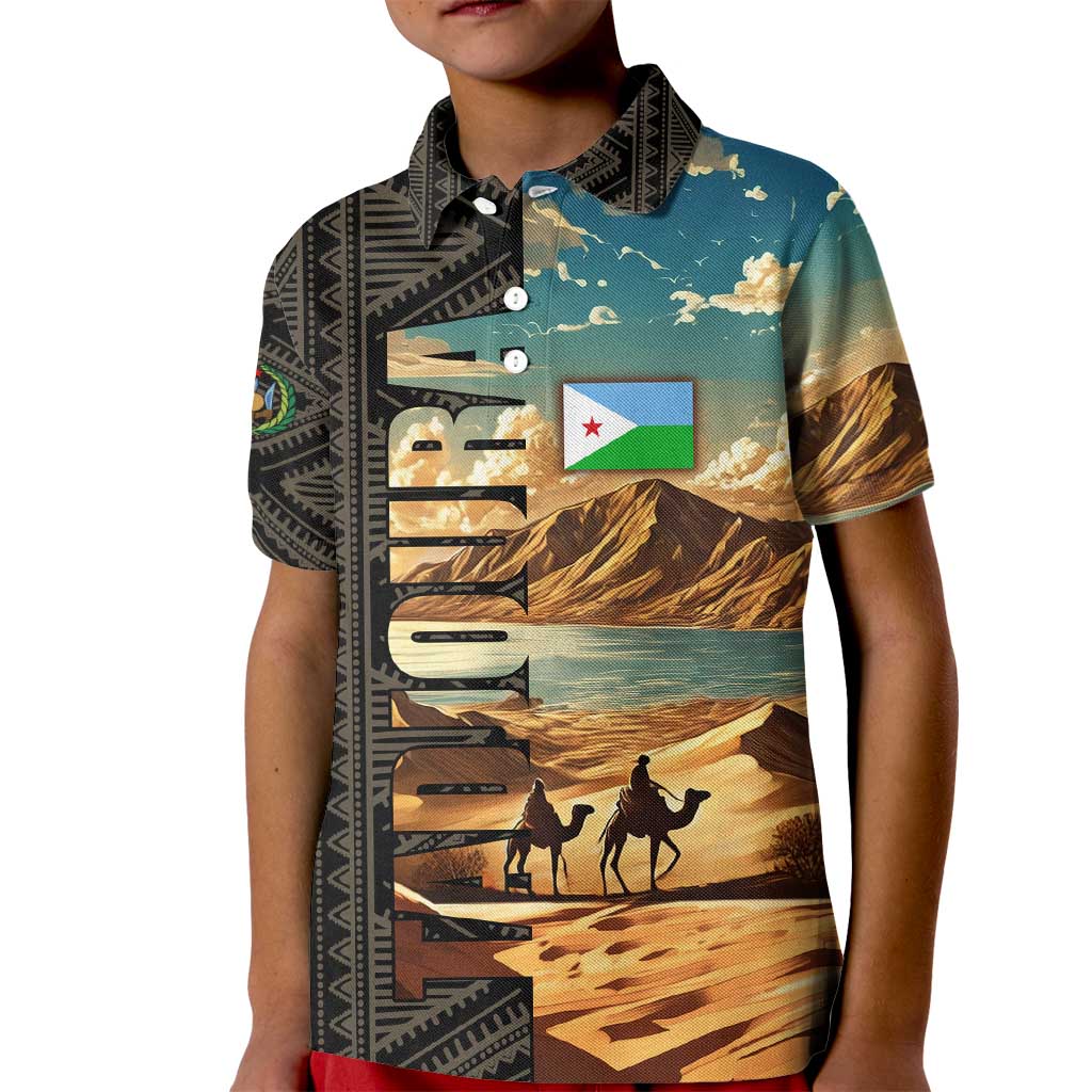 Djibouti Desert Landscape Tadjoura Kid Polo Shirt with Camel Riders and Tribal Pattern Design