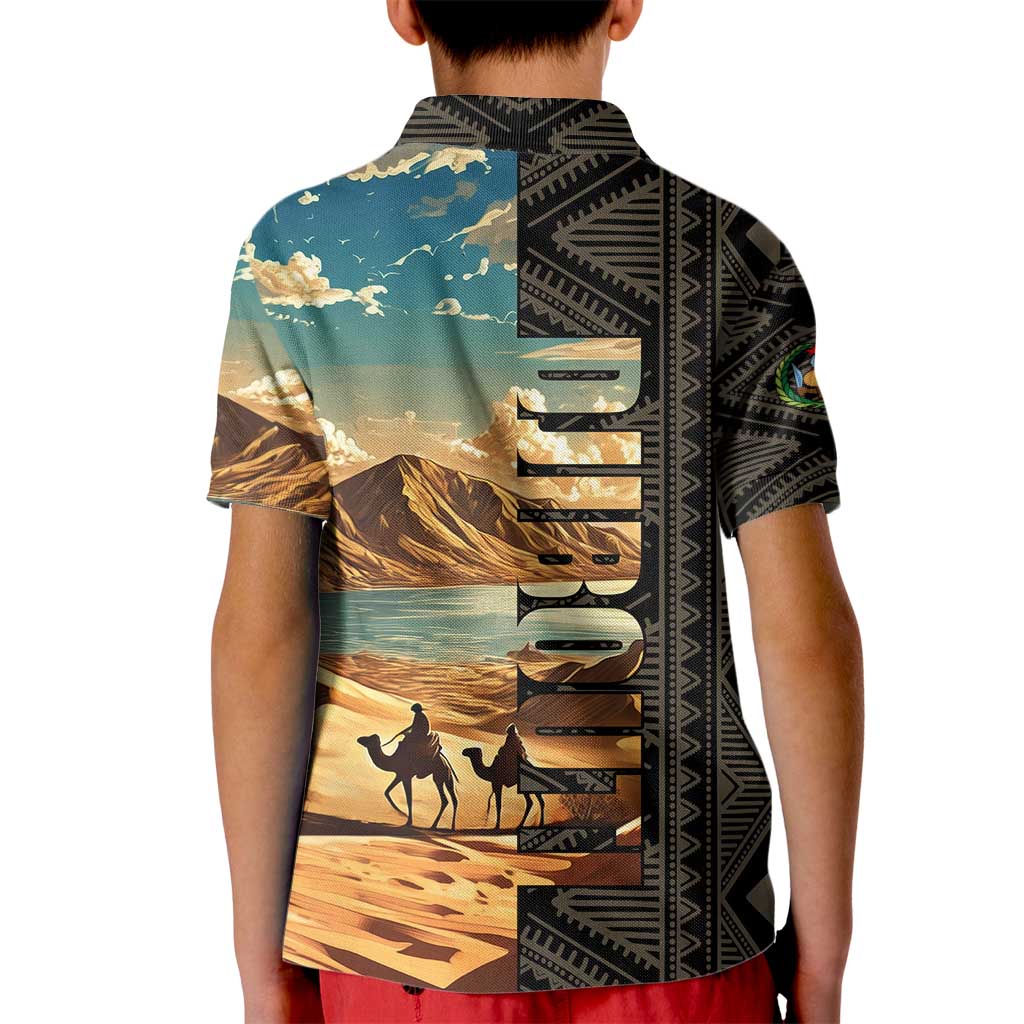 Djibouti Desert Landscape Tadjoura Kid Polo Shirt with Camel Riders and Tribal Pattern Design