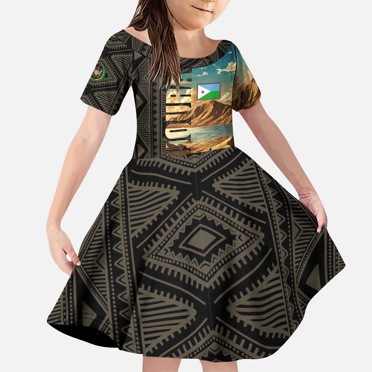 Djibouti Desert Landscape Tadjoura Kid Short Sleeve Dress with Camel Riders and Tribal Pattern Design