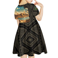 Djibouti Desert Landscape Tadjoura Kid Short Sleeve Dress with Camel Riders and Tribal Pattern Design