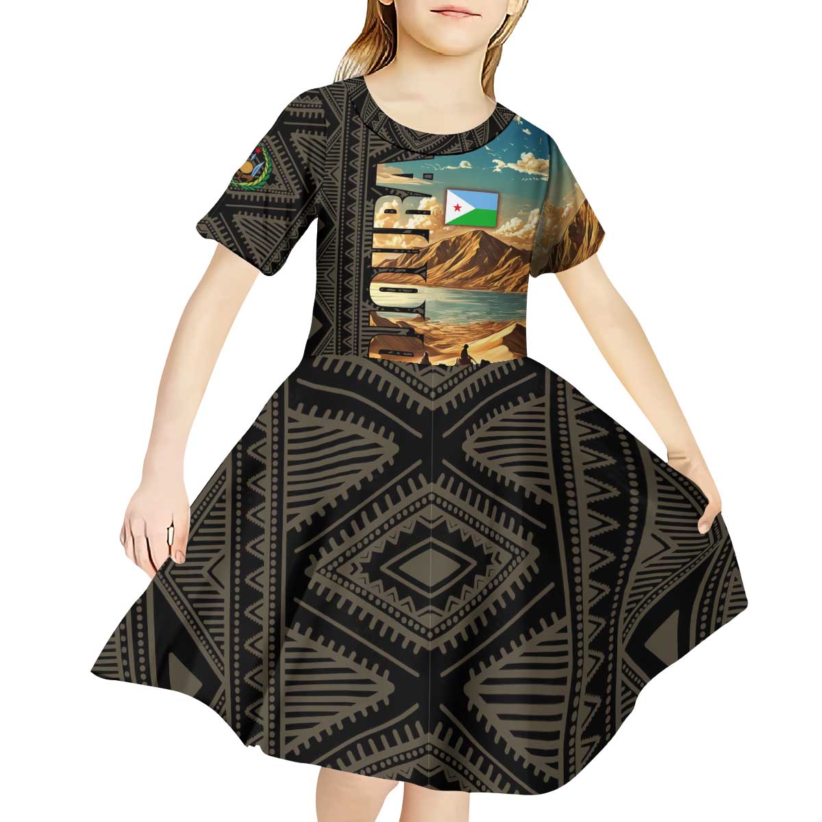 Djibouti Desert Landscape Tadjoura Kid Short Sleeve Dress with Camel Riders and Tribal Pattern Design