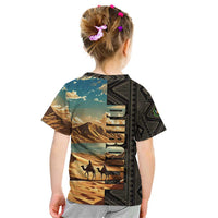 Djibouti Desert Landscape Tadjoura Kid T Shirt with Camel Riders and Tribal Pattern Design