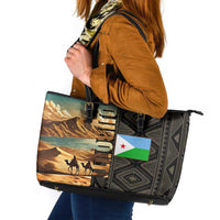 Djibouti Desert Landscape Tadjoura Leather Tote Bag with Camel Riders and Tribal Pattern Design