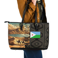 Djibouti Desert Landscape Tadjoura Leather Tote Bag with Camel Riders and Tribal Pattern Design
