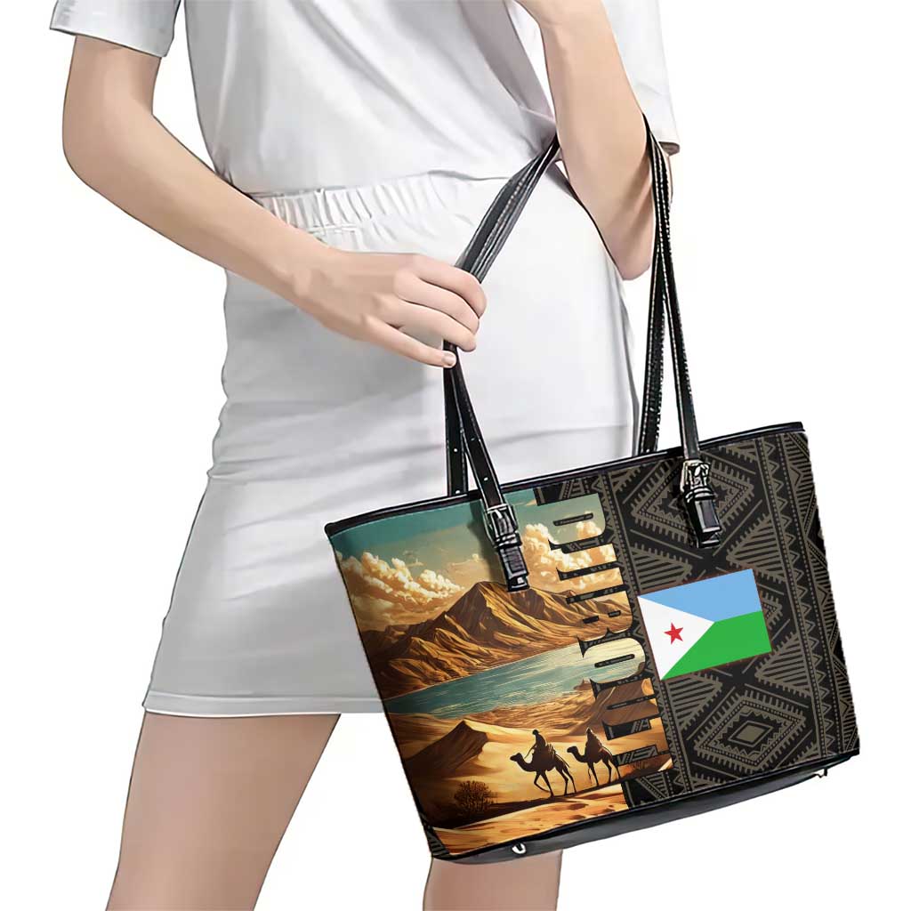 Djibouti Desert Landscape Tadjoura Leather Tote Bag with Camel Riders and Tribal Pattern Design