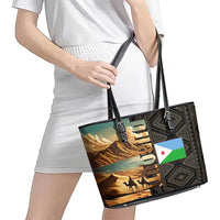 Djibouti Desert Landscape Tadjoura Leather Tote Bag with Camel Riders and Tribal Pattern Design