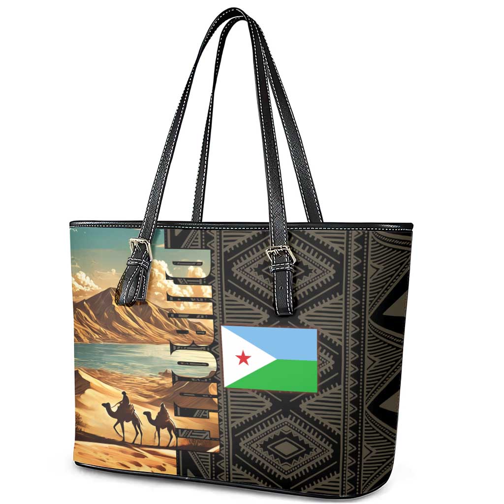 Djibouti Desert Landscape Tadjoura Leather Tote Bag with Camel Riders and Tribal Pattern Design