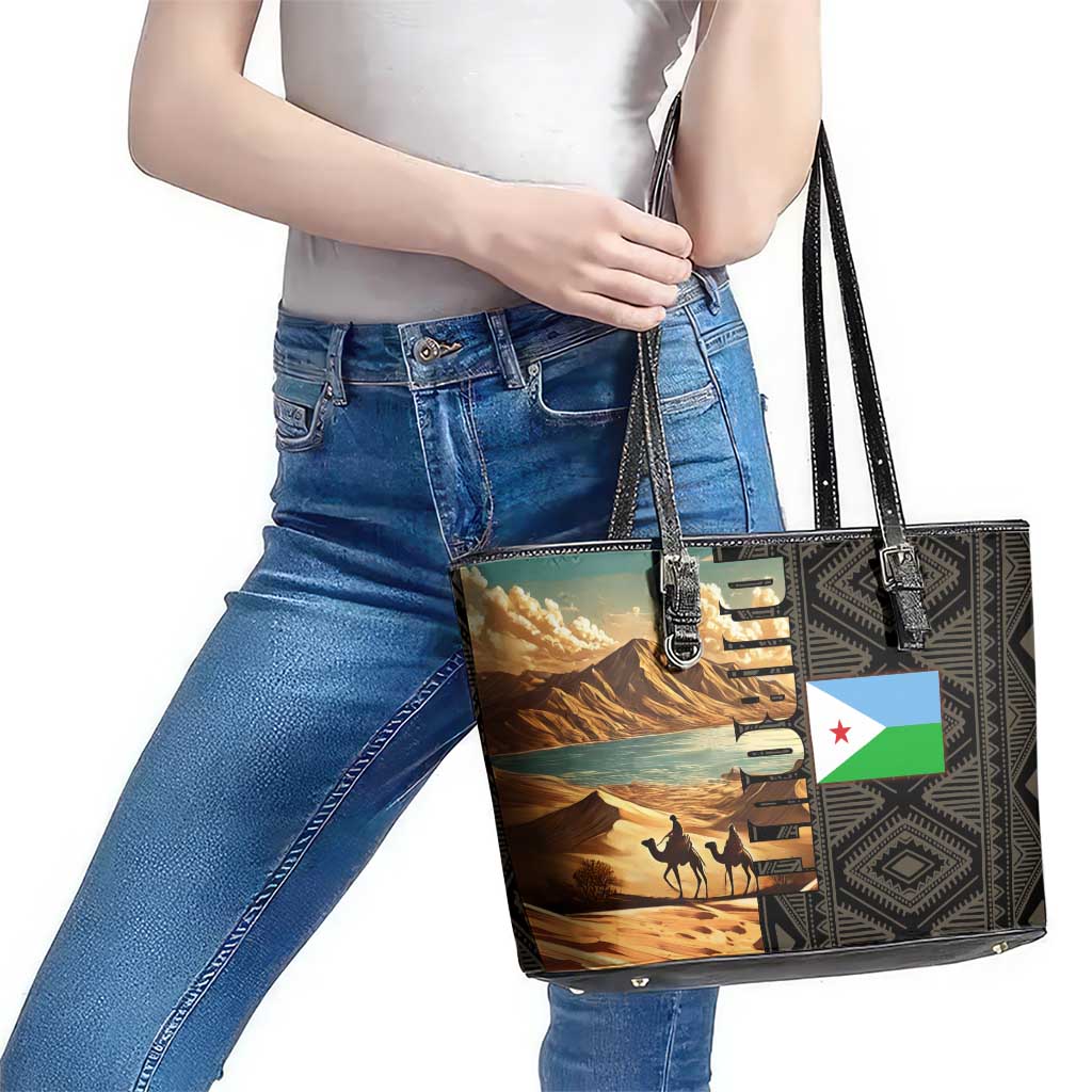 Djibouti Desert Landscape Tadjoura Leather Tote Bag with Camel Riders and Tribal Pattern Design