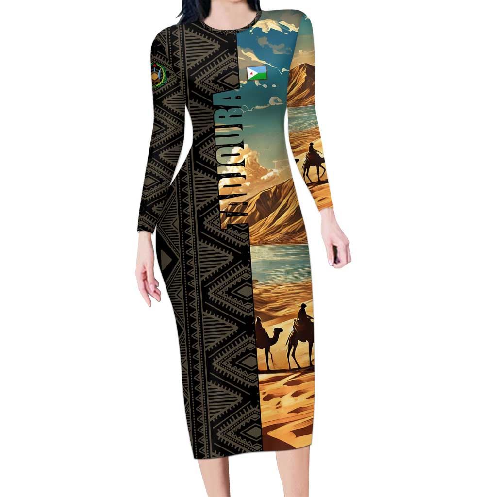 Djibouti Desert Landscape Tadjoura Long Sleeve Bodycon Dress with Camel Riders and Tribal Pattern Design