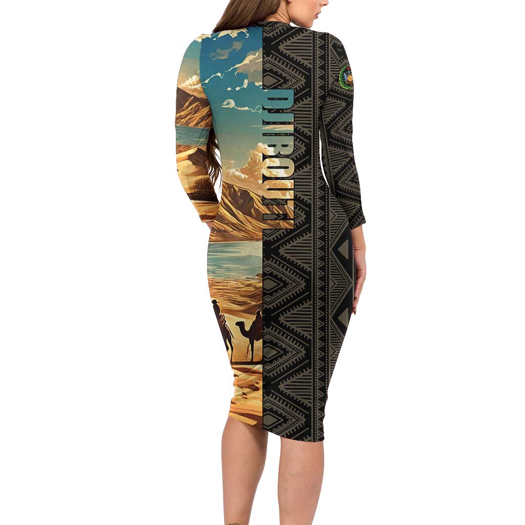 Djibouti Desert Landscape Tadjoura Long Sleeve Bodycon Dress with Camel Riders and Tribal Pattern Design