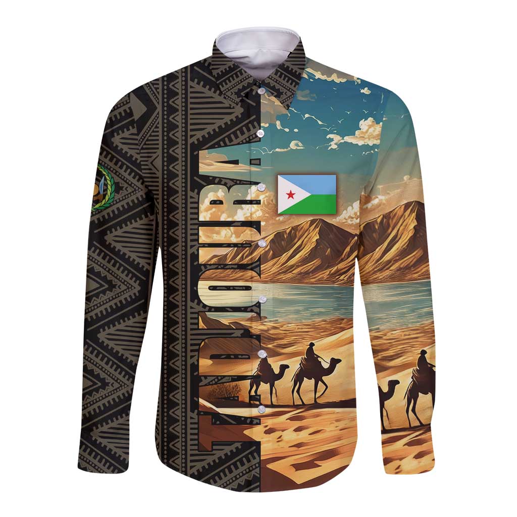 Djibouti Desert Landscape Tadjoura Long Sleeve Button Shirt with Camel Riders and Tribal Pattern Design