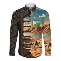 Djibouti Desert Landscape Tadjoura Long Sleeve Button Shirt with Camel Riders and Tribal Pattern Design