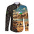 Djibouti Desert Landscape Tadjoura Long Sleeve Button Shirt with Camel Riders and Tribal Pattern Design
