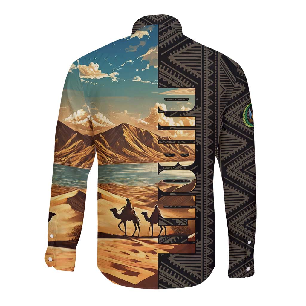 Djibouti Desert Landscape Tadjoura Long Sleeve Button Shirt with Camel Riders and Tribal Pattern Design