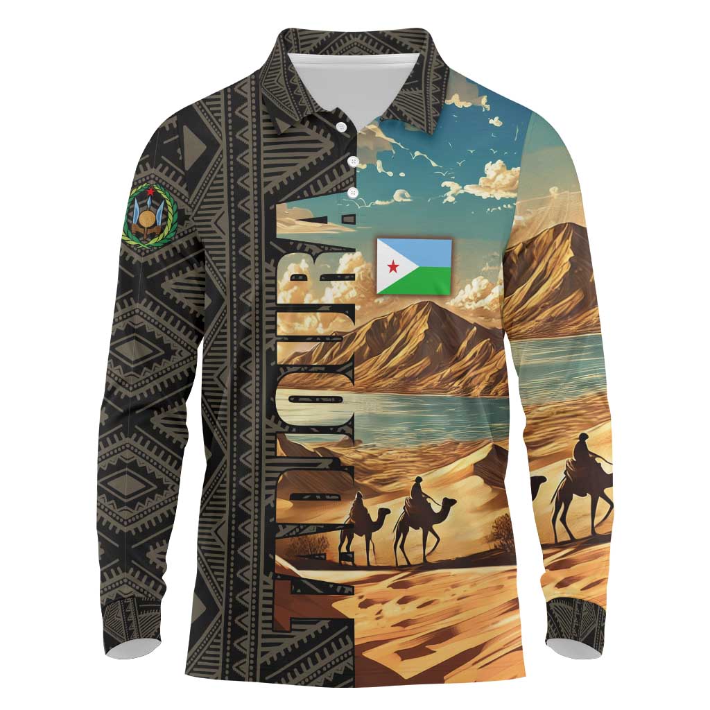 Djibouti Desert Landscape Tadjoura Long Sleeve Polo Shirt with Camel Riders and Tribal Pattern Design