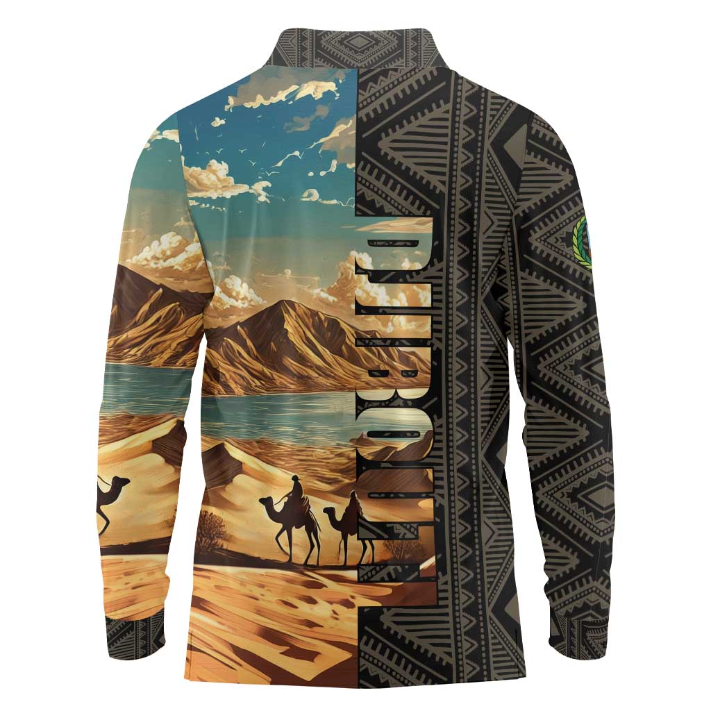 Djibouti Desert Landscape Tadjoura Long Sleeve Polo Shirt with Camel Riders and Tribal Pattern Design