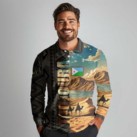 Djibouti Desert Landscape Tadjoura Long Sleeve Polo Shirt with Camel Riders and Tribal Pattern Design