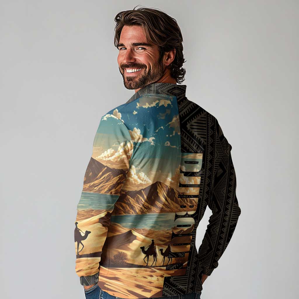 Djibouti Desert Landscape Tadjoura Long Sleeve Polo Shirt with Camel Riders and Tribal Pattern Design
