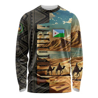 Djibouti Desert Landscape Tadjoura Long Sleeve Shirt with Camel Riders and Tribal Pattern Design