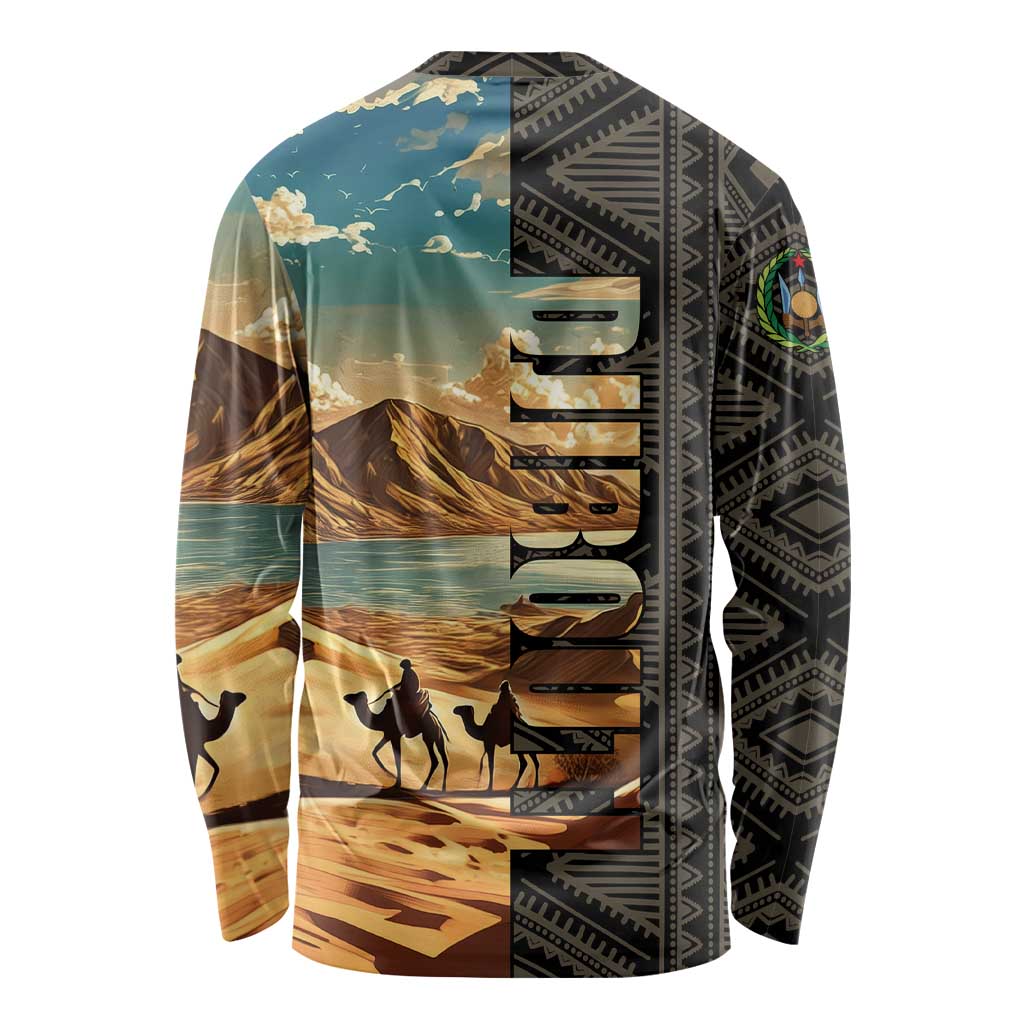 Djibouti Desert Landscape Tadjoura Long Sleeve Shirt with Camel Riders and Tribal Pattern Design
