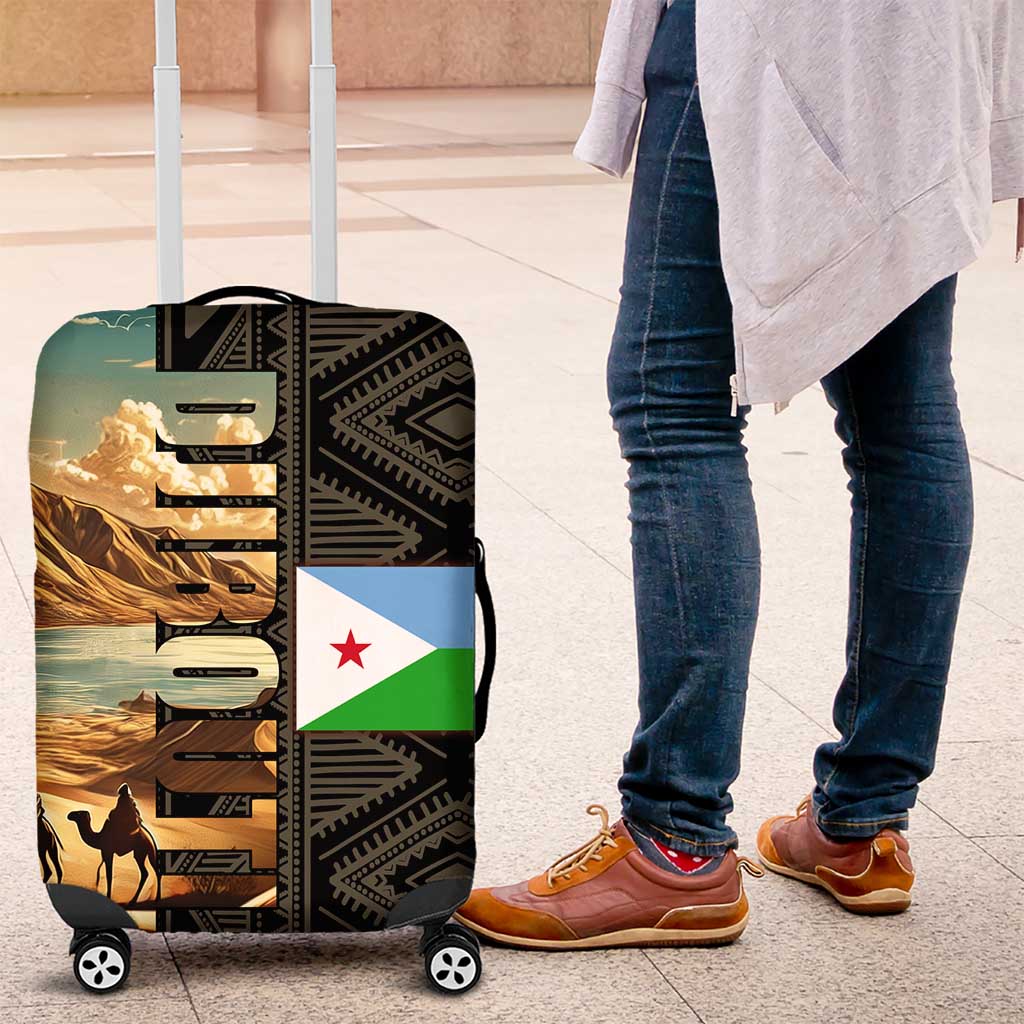 Djibouti Desert Landscape Tadjoura Luggage Cover with Camel Riders and Tribal Pattern Design