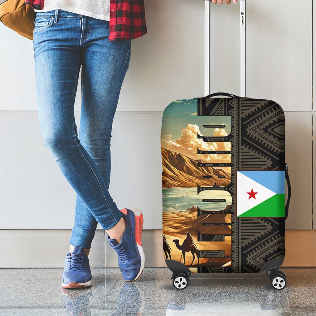 Djibouti Desert Landscape Tadjoura Luggage Cover with Camel Riders and Tribal Pattern Design