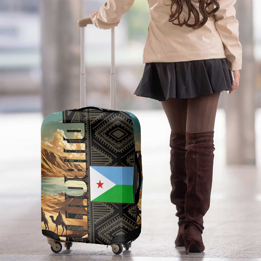 Djibouti Desert Landscape Tadjoura Luggage Cover with Camel Riders and Tribal Pattern Design