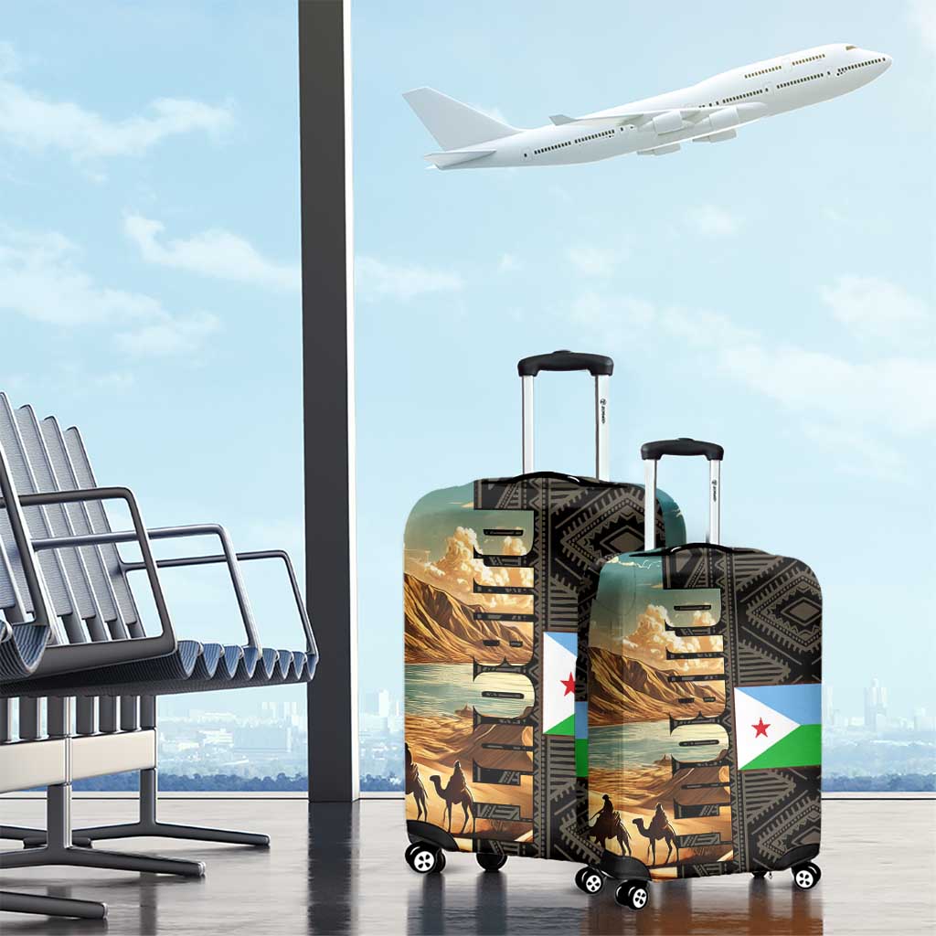 Djibouti Desert Landscape Tadjoura Luggage Cover with Camel Riders and Tribal Pattern Design