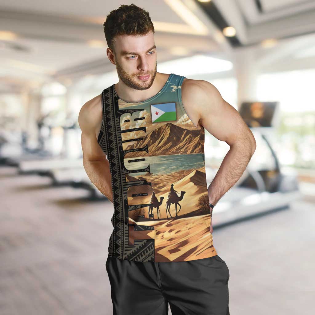 Djibouti Desert Landscape Tadjoura Men Tank Top with Camel Riders and Tribal Pattern Design
