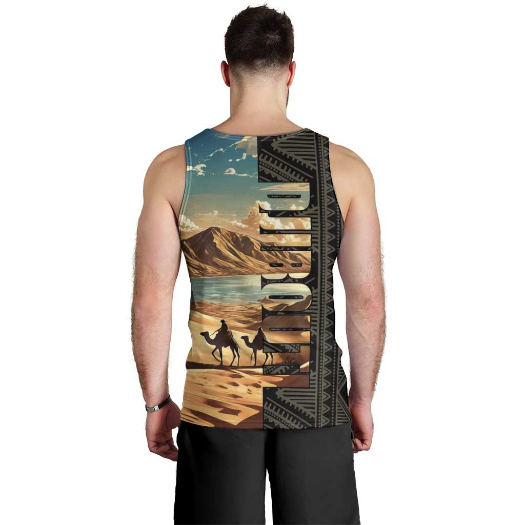 Djibouti Desert Landscape Tadjoura Men Tank Top with Camel Riders and Tribal Pattern Design