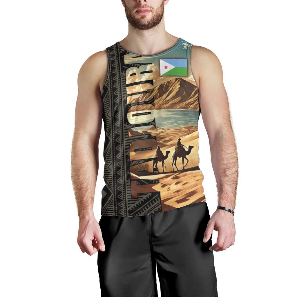 Djibouti Desert Landscape Tadjoura Men Tank Top with Camel Riders and Tribal Pattern Design