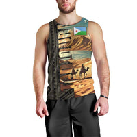 Djibouti Desert Landscape Tadjoura Men Tank Top with Camel Riders and Tribal Pattern Design