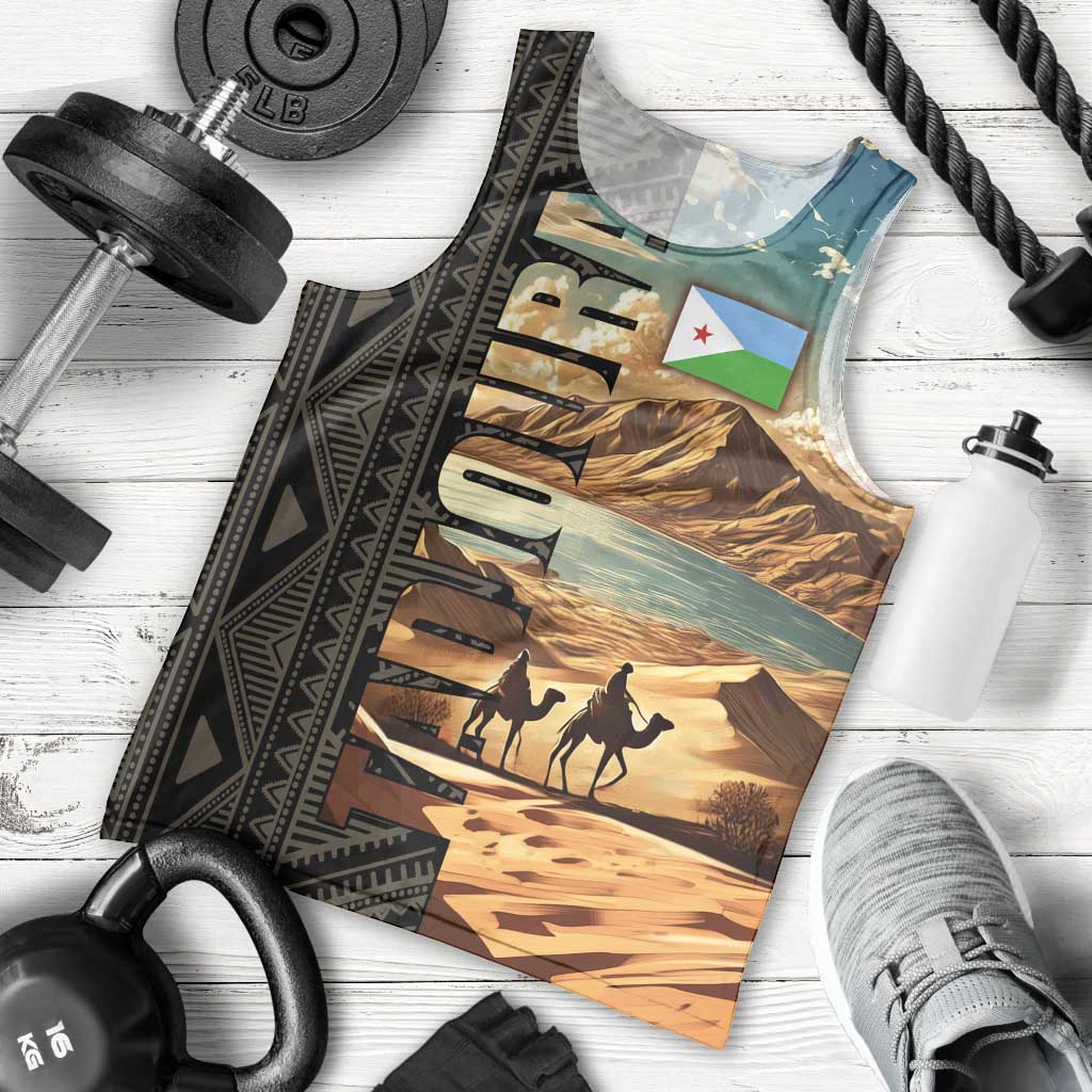 Djibouti Desert Landscape Tadjoura Men Tank Top with Camel Riders and Tribal Pattern Design