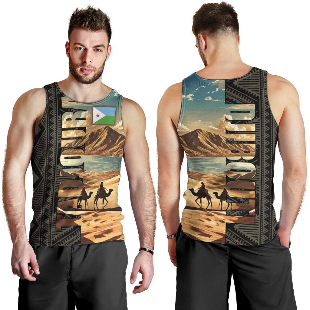 Djibouti Desert Landscape Tadjoura Men Tank Top with Camel Riders and Tribal Pattern Design