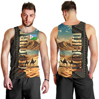 Djibouti Desert Landscape Tadjoura Men Tank Top with Camel Riders and Tribal Pattern Design