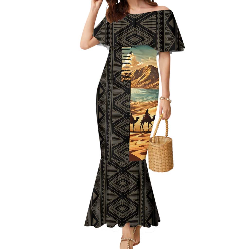 Djibouti Desert Landscape Tadjoura Mermaid Dress with Camel Riders and Tribal Pattern Design