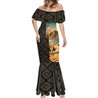 Djibouti Desert Landscape Tadjoura Mermaid Dress with Camel Riders and Tribal Pattern Design