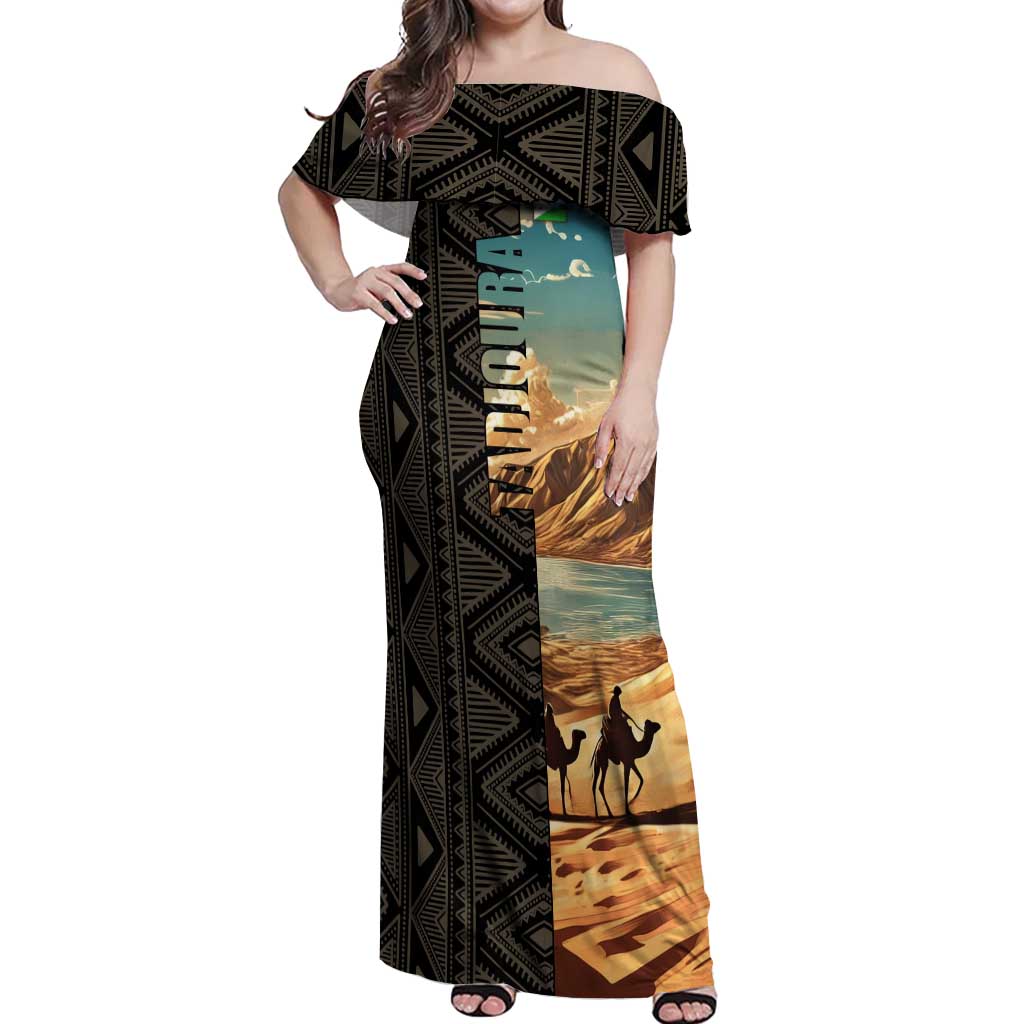 Djibouti Desert Landscape Tadjoura Off Shoulder Maxi Dress with Camel Riders and Tribal Pattern Design