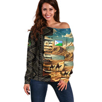 Djibouti Desert Landscape Tadjoura Off Shoulder Sweater with Camel Riders and Tribal Pattern Design