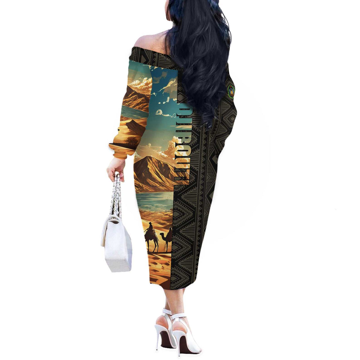 Djibouti Desert Landscape Tadjoura Off The Shoulder Long Sleeve Dress with Camel Riders and Tribal Pattern Design