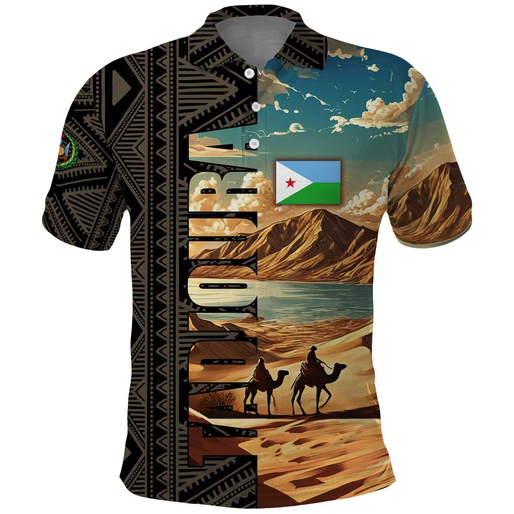 Djibouti Desert Landscape Tadjoura Polo Shirt with Camel Riders and Tribal Pattern Design
