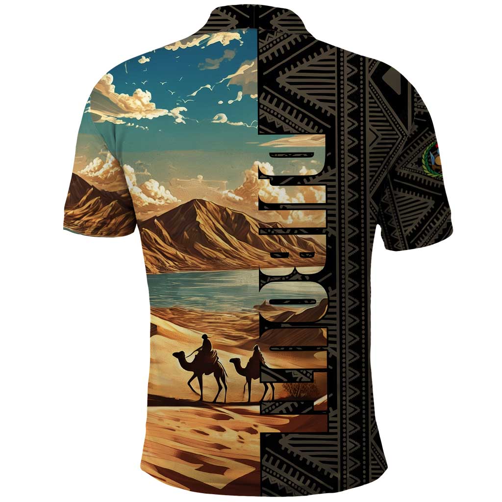 Djibouti Desert Landscape Tadjoura Polo Shirt with Camel Riders and Tribal Pattern Design