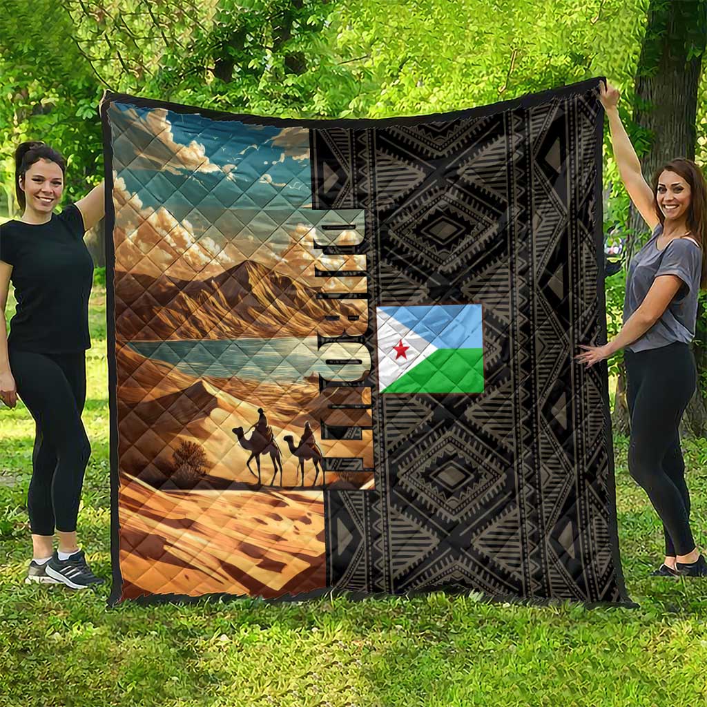 Djibouti Desert Landscape Tadjoura Quilt with Camel Riders and Tribal Pattern Design