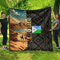 Djibouti Desert Landscape Tadjoura Quilt with Camel Riders and Tribal Pattern Design