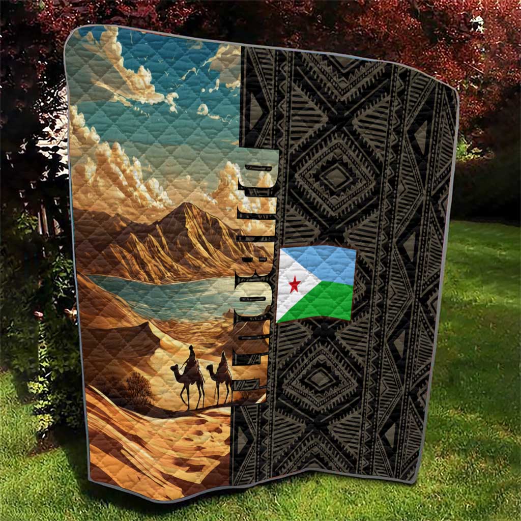 Djibouti Desert Landscape Tadjoura Quilt with Camel Riders and Tribal Pattern Design