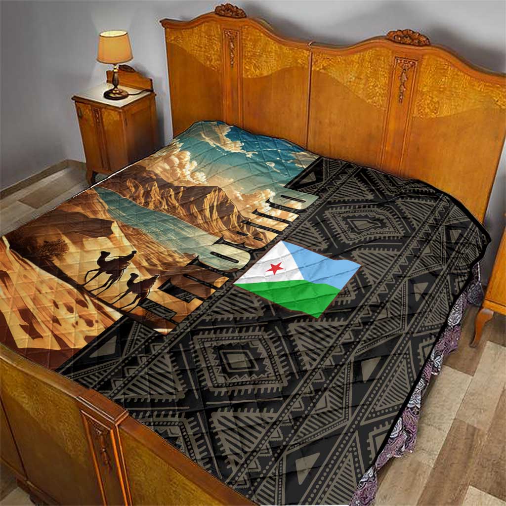 Djibouti Desert Landscape Tadjoura Quilt with Camel Riders and Tribal Pattern Design