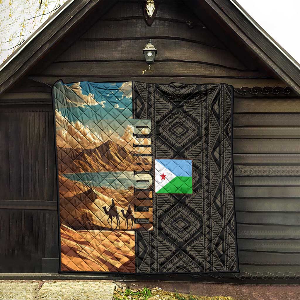 Djibouti Desert Landscape Tadjoura Quilt with Camel Riders and Tribal Pattern Design