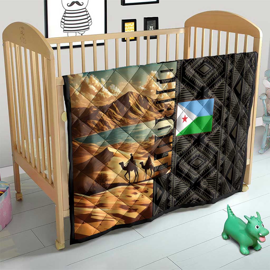 Djibouti Desert Landscape Tadjoura Quilt with Camel Riders and Tribal Pattern Design