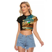 Djibouti Desert Landscape Tadjoura Raglan Cropped T Shirt with Camel Riders and Tribal Pattern Design